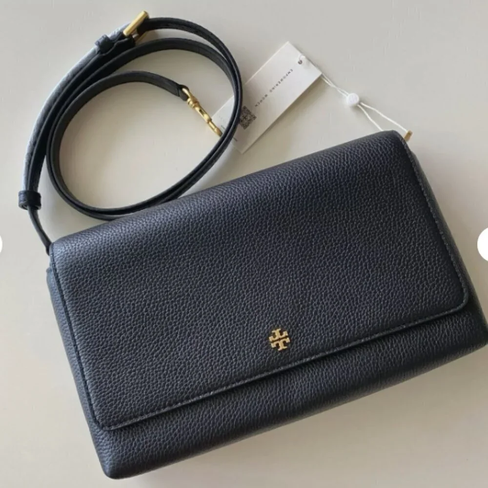 NWT！NEW！Tory Burch Blake Flap Pebbled Leather Crossbody Large Black -Women Bag
